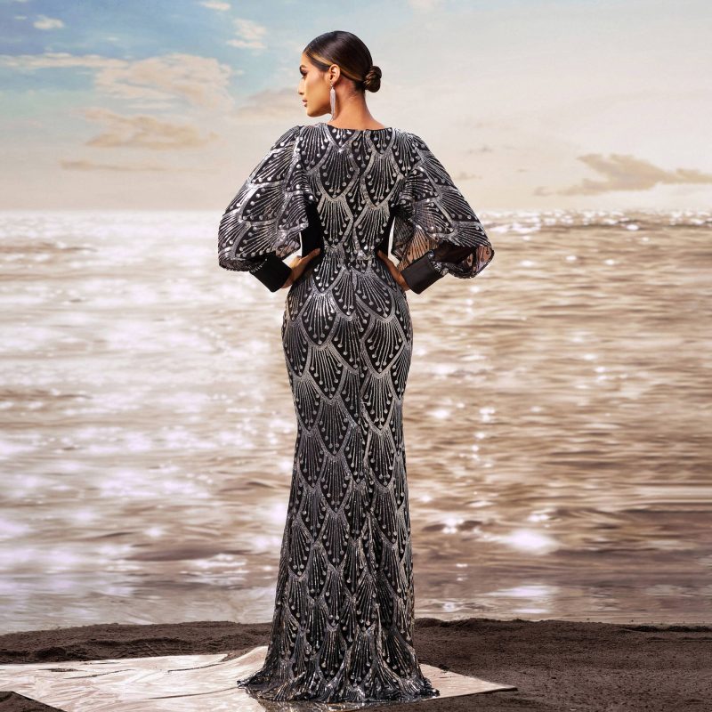 Sequined Fishtail Sheath Evening Dress with Long Sleeves - Image 3