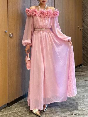 French Elegant Off Shoulder Floral Lantern Sleeve Dress