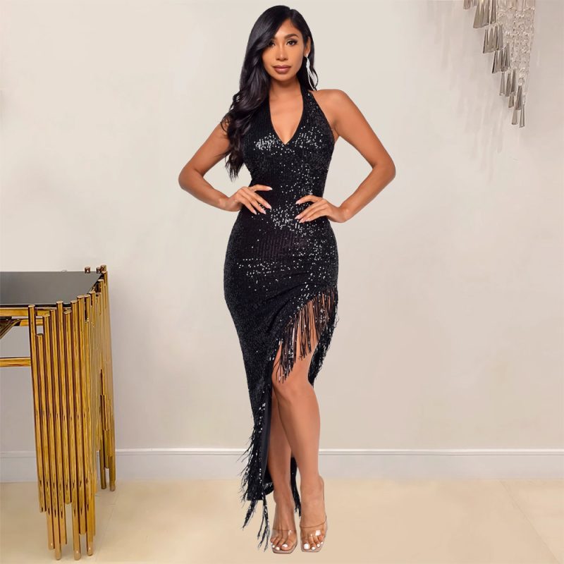 Halter Deep V Sequin Tassel Asymmetric Party Dress - Image 3