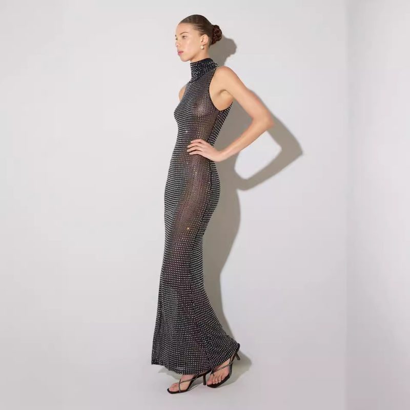 Sheer Mesh Rhinestone Cutout Sleeveless Maxi Dress - Image 3