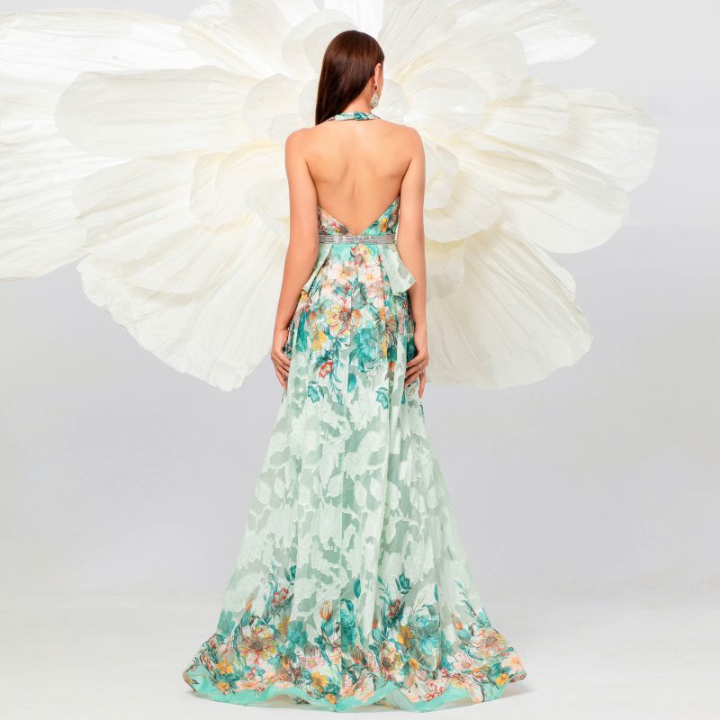 Sleeveless V-Neck Halter Floor Length Evening Dress - Image 2