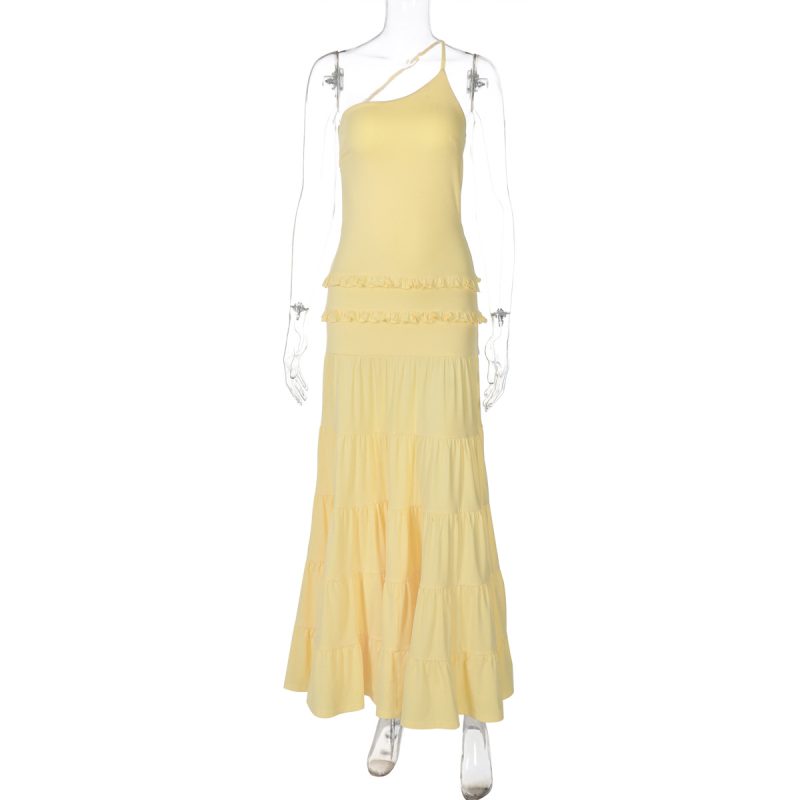 Women’s One-Shoulder Cutout Pleated Maxi Layered Dress - Image 3