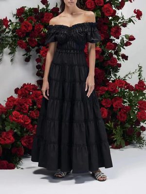 Off Shoulder Ruffled Collar Puff Sleeve Summer Dress