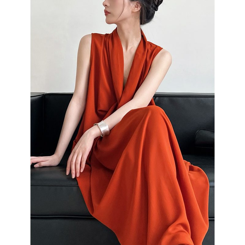 Elegant V-Neck Sleeveless Asymmetric Long Waist Dress - Image 2