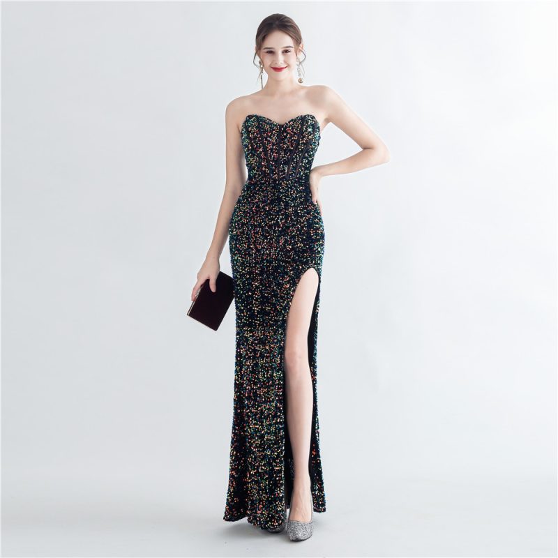 Colorful Sequin Corset Side Slit Evening Dress - Image 4