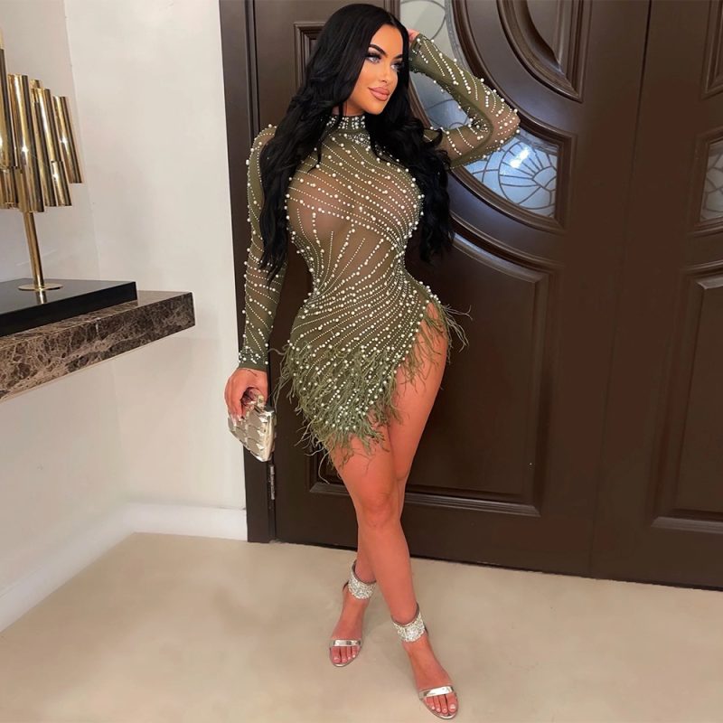 Women Mesh Rhinestone Foam Feather Party Dress