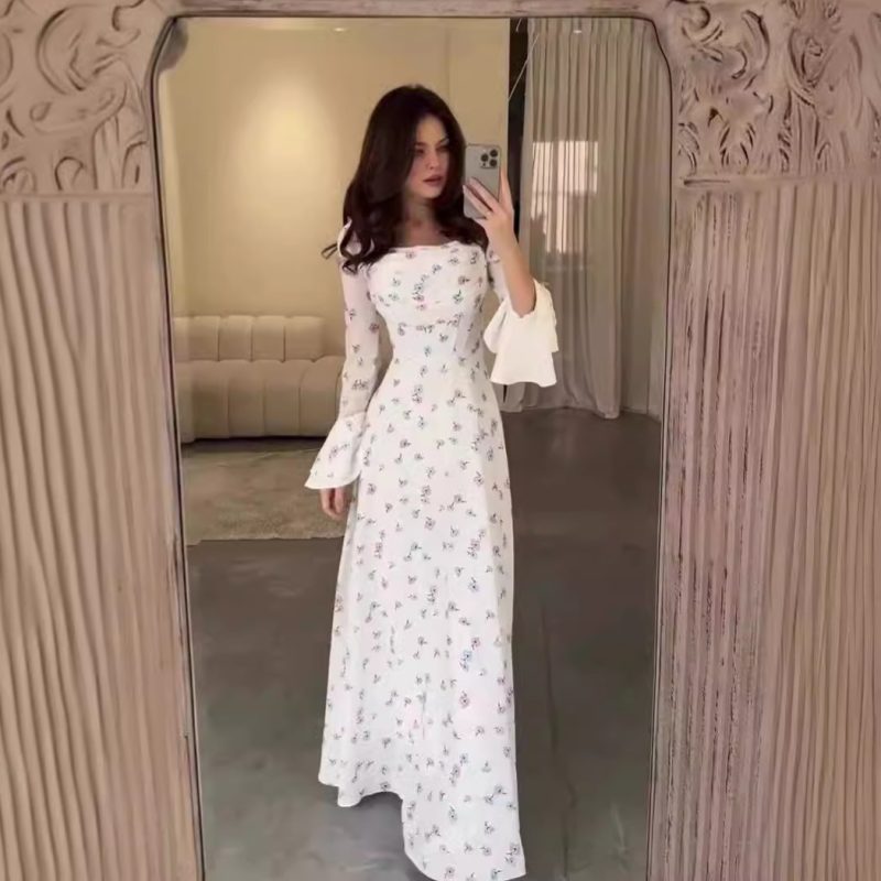 Women’s Summer U-Neck Printed Long Sleeve Dress - Image 2