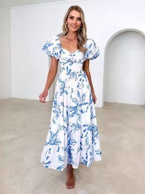 Spring Women’s V-Neck Puff Sleeve Printed Dress