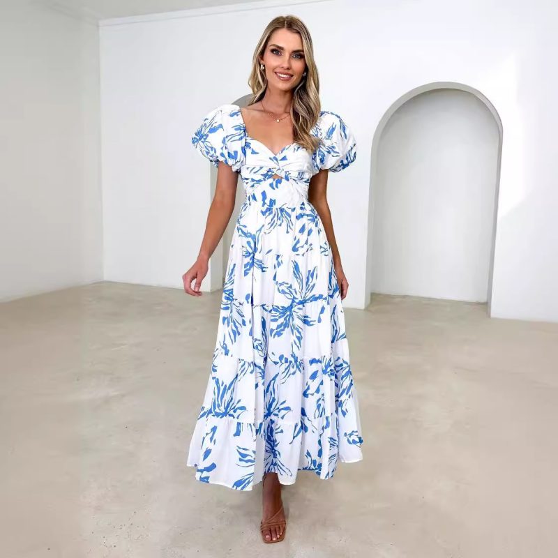 Spring Women’s V-Neck Puff Sleeve Printed Dress