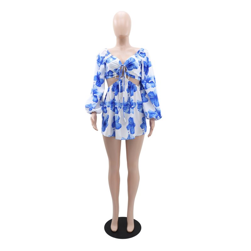 Women’s Holiday Printed Long Sleeve Drawstring Dress - Image 4