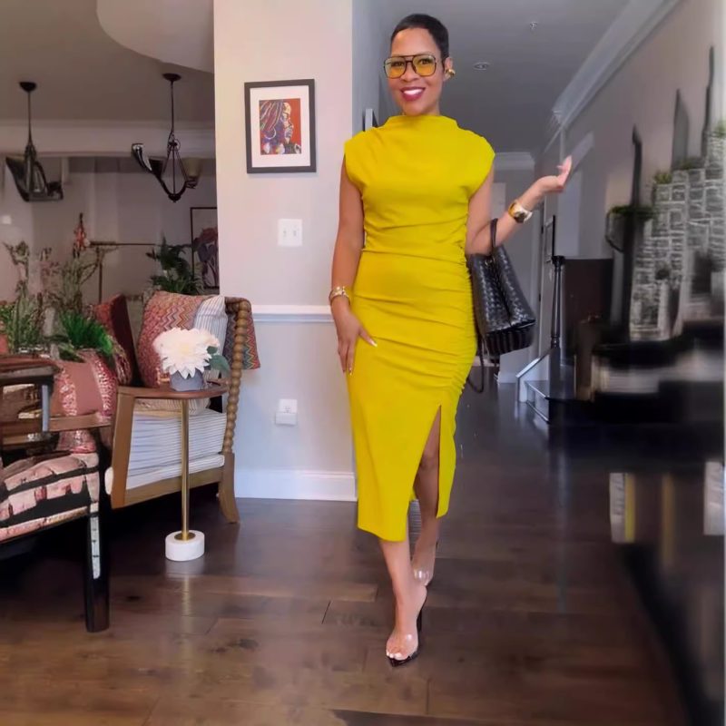 Solid Color Slim Fit Mid Length Sheath Dress - Image 3