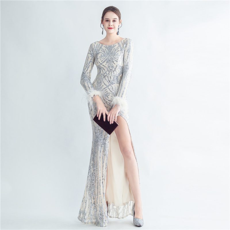 Women’s Ostrich Feather Sequin Fishtail Evening Dress