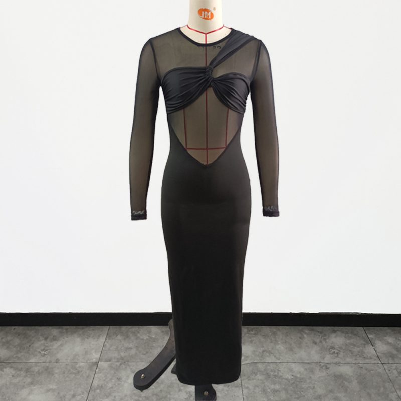Sexy Mesh Round Neck Long Sleeve Dress - Image 4