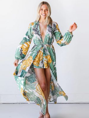 Long Sleeve V-Neck Boho Print Beach Dress