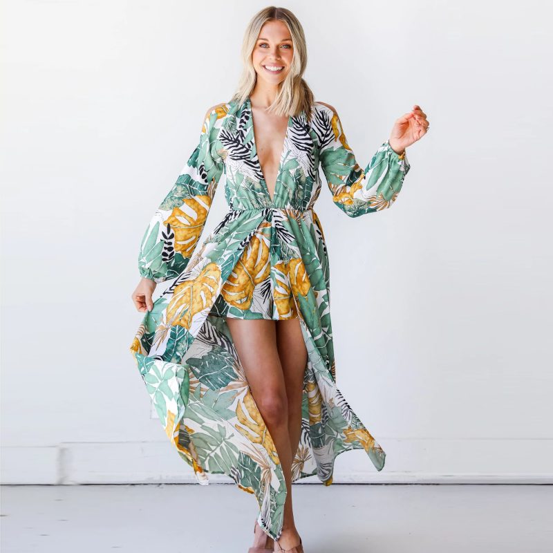 Long Sleeve V-Neck Boho Print Beach Dress