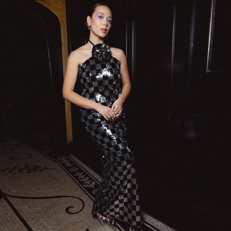 Spring Maxi Halter Dress with Plaid Sequin Stitching