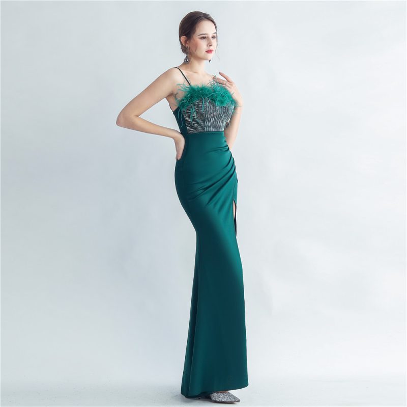 Women’s Ostrich Feather Side Slit Evening Dress - Image 3