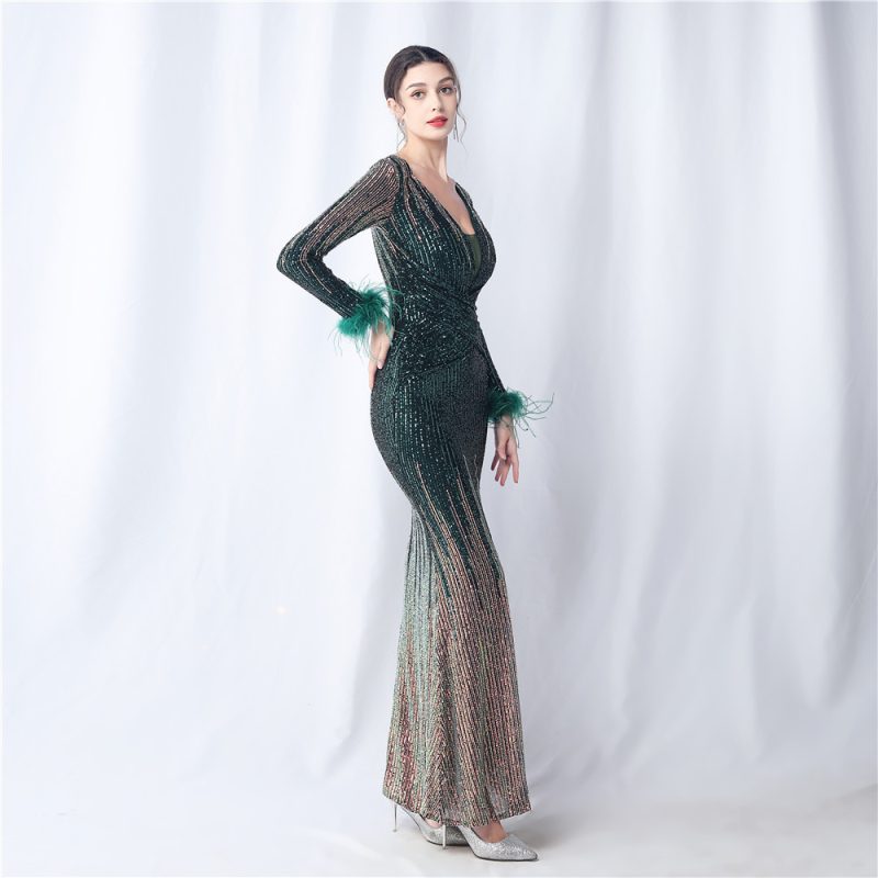 Ostrich Feather Gradient Sequin Long Sleeve Dress - Image 4