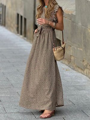 Spring Summer Printed V-Neck Ruffled Sleeve Midi Dress