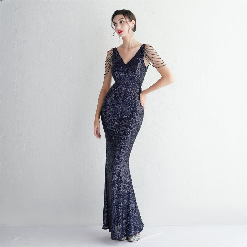 Sequin Beaded Long Cocktail Slim-Fit Evening Dress - Image 4