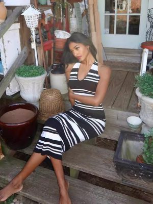 Bohemian Halter Backless Striped Knitted Beach Dress