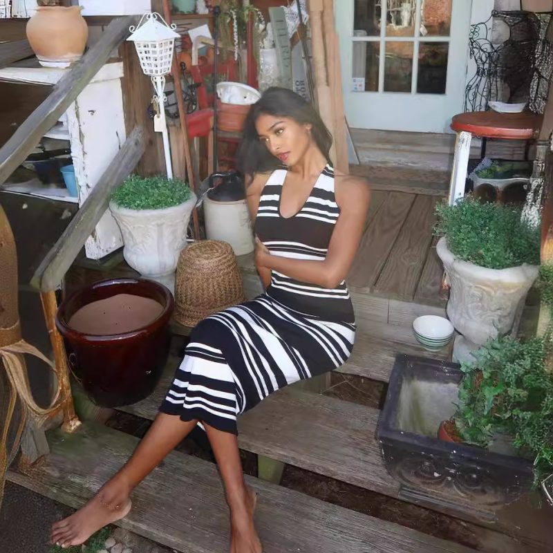Bohemian Halter Backless Striped Knitted Beach Dress