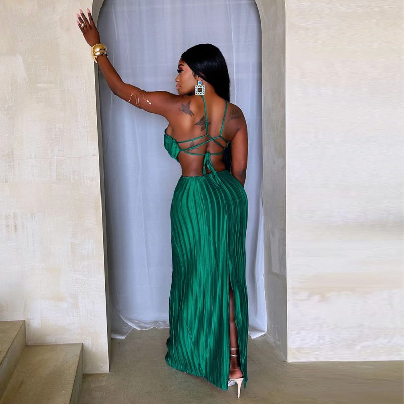 Women’s Pleated Lacing Evening Dress with Slit - Image 4