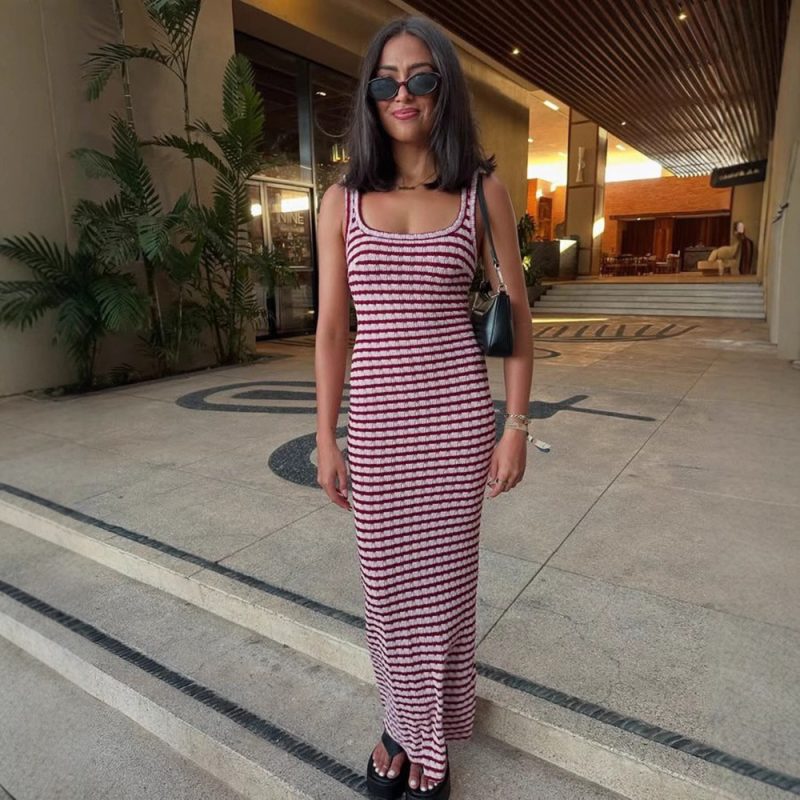 Women’s Summer Sleeveless Striped Casual Midi Dress