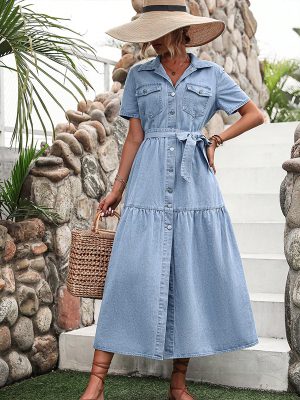 Elegant Women’s V-Neck Denim Dress for Casual Wear