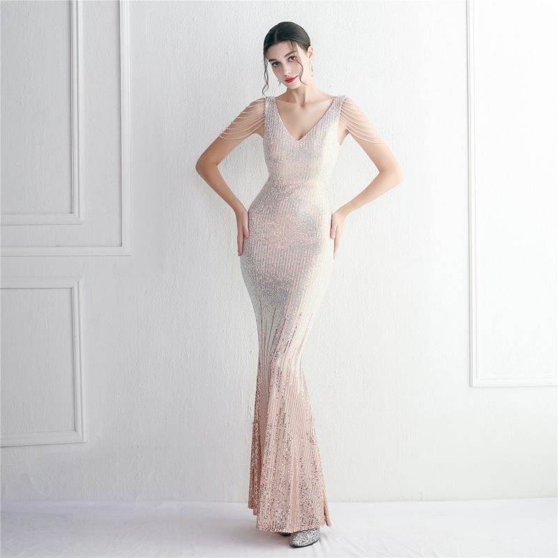 Elegant Mixed Color Sequin Beaded Long Evening Dress - Image 2