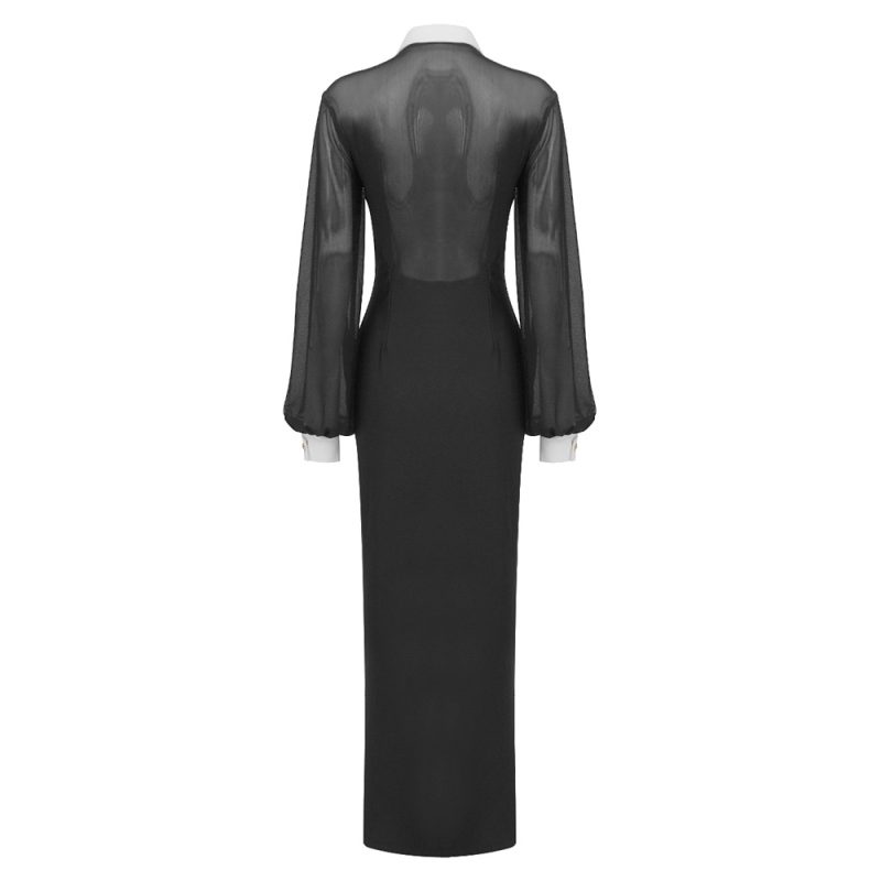 Black Mesh Maxi Dress with White Collar - Image 2