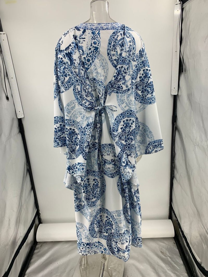 Summer Blue White Porcelain Print V-Neck Dress - Image 4