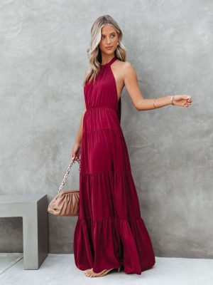 Summer Elegant Halter Solid Color Long Dress Women