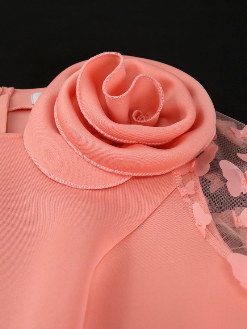 Pink High Waist Cocktail Dress with Sheer Sleeves - Image 4
