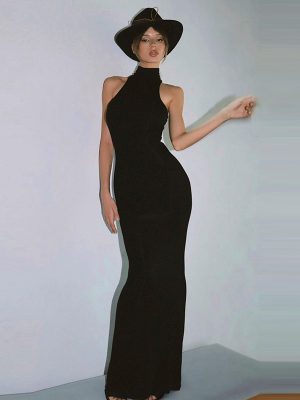 Fashionable Half Turtleneck Sleeveless Solid Maxi Dress
