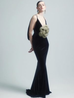 Black Backless Camisole Maxi Dress with Golden Floral