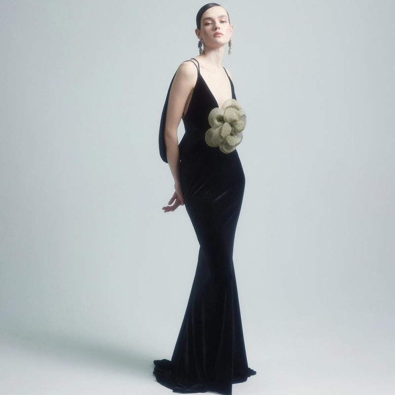Black Backless Camisole Maxi Dress with Golden Floral