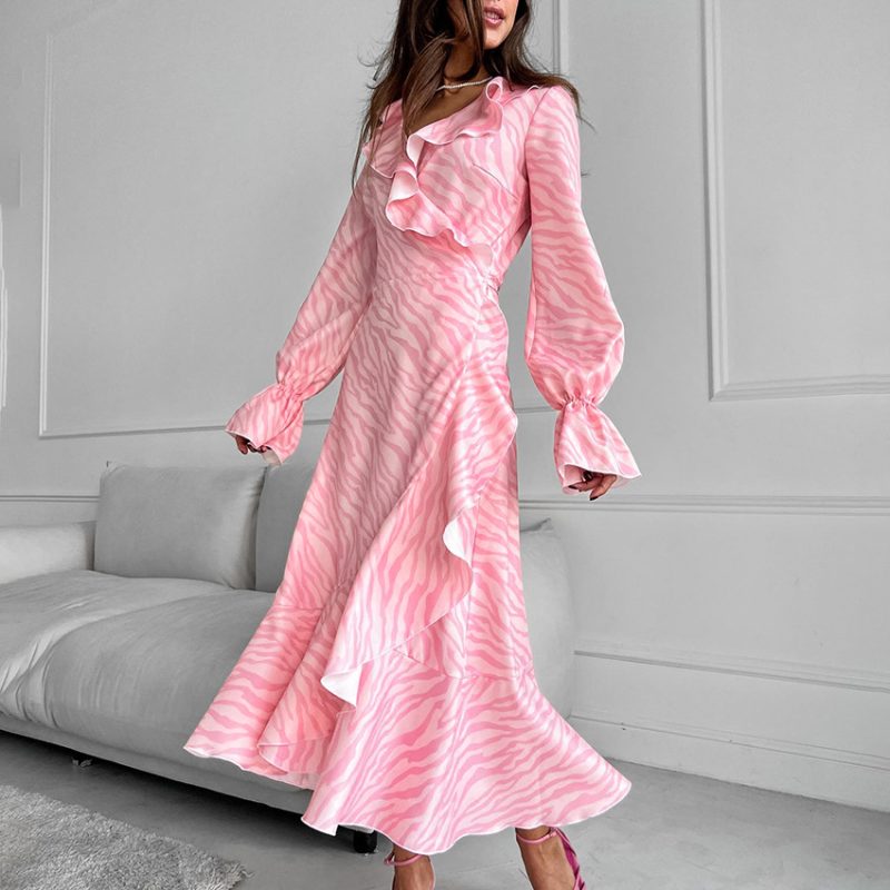Elegant Pink Ruffled V-Neck Fishtail Maxi Dress - Image 4