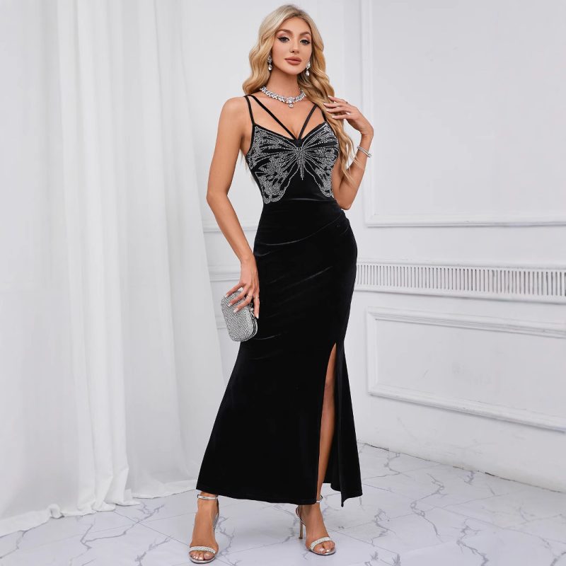Velvet Camisole Evening Split Sheath Dress