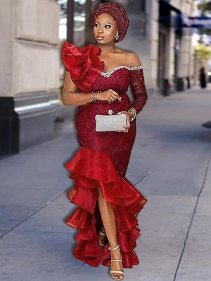 Mesh Diagonal Collar Single Sleeve Party Dress
