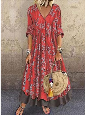 Vintage V Neck Printed Faux Two Piece Dress