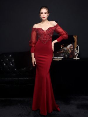 Korean Satin Lace Diamond Long Sleeve Evening Dress