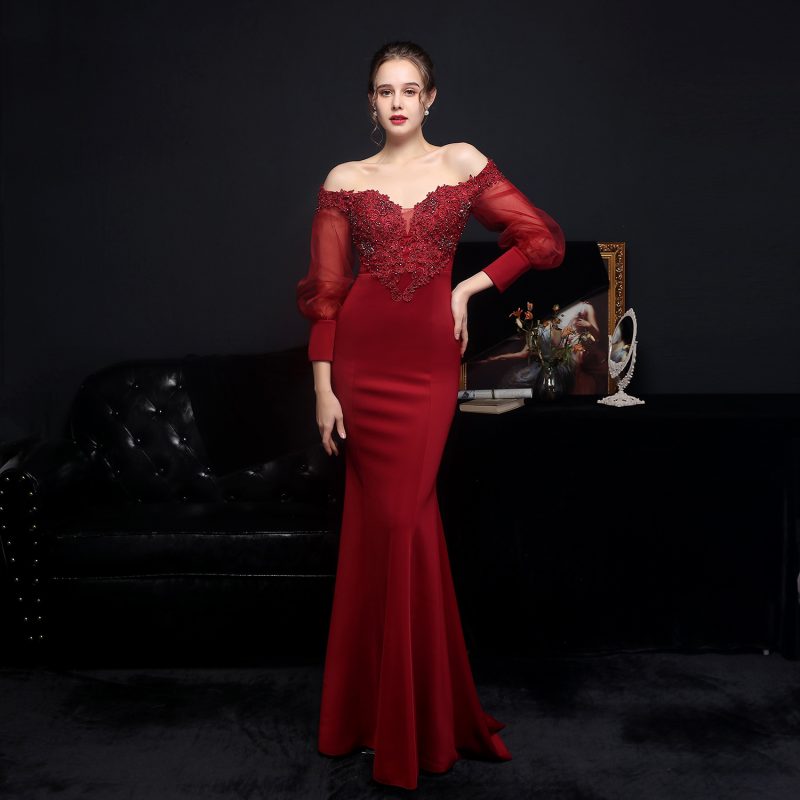 Korean Satin Lace Diamond Long Sleeve Evening Dress