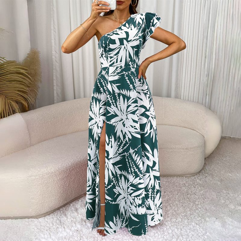 Ruffled One-Sleeve High Slit Maxi Dress Women