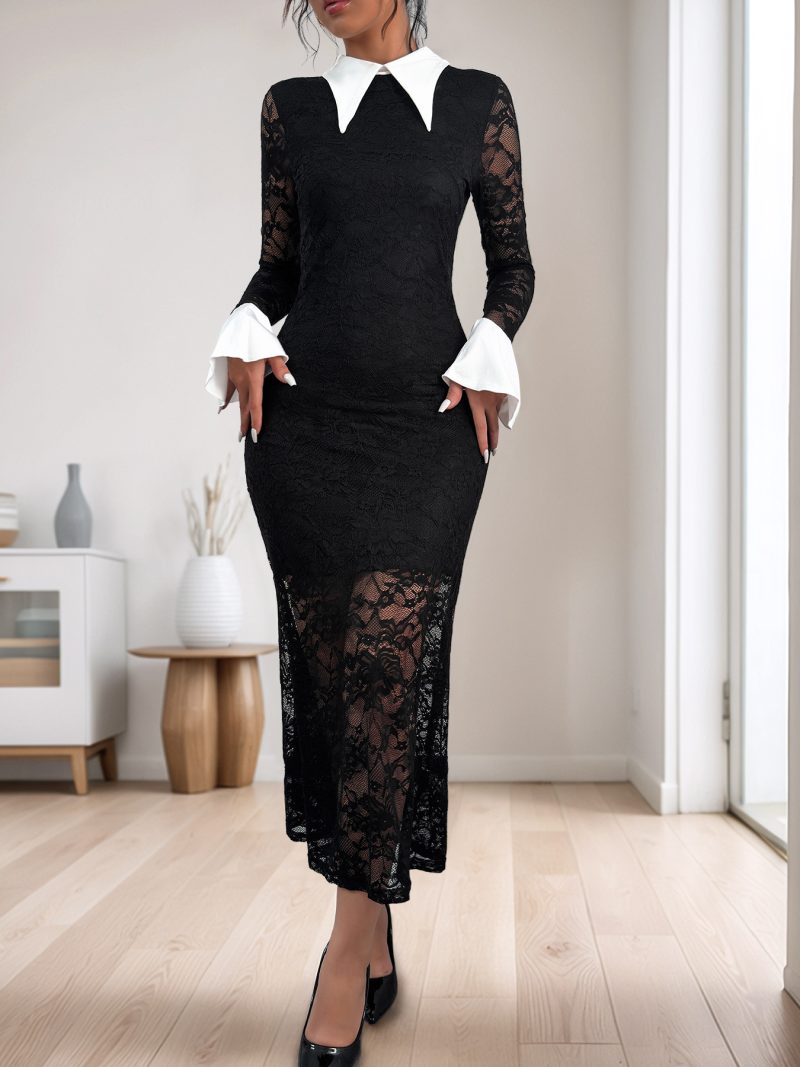 Women’s Elegant Black White Patchwork Lace Maxi Dress - Image 2