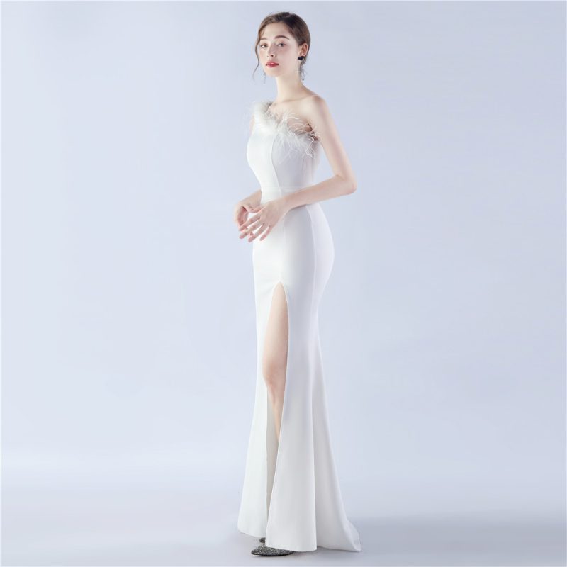 Women’s Satin Ostrich Feather Evening Wedding Dress - Image 4