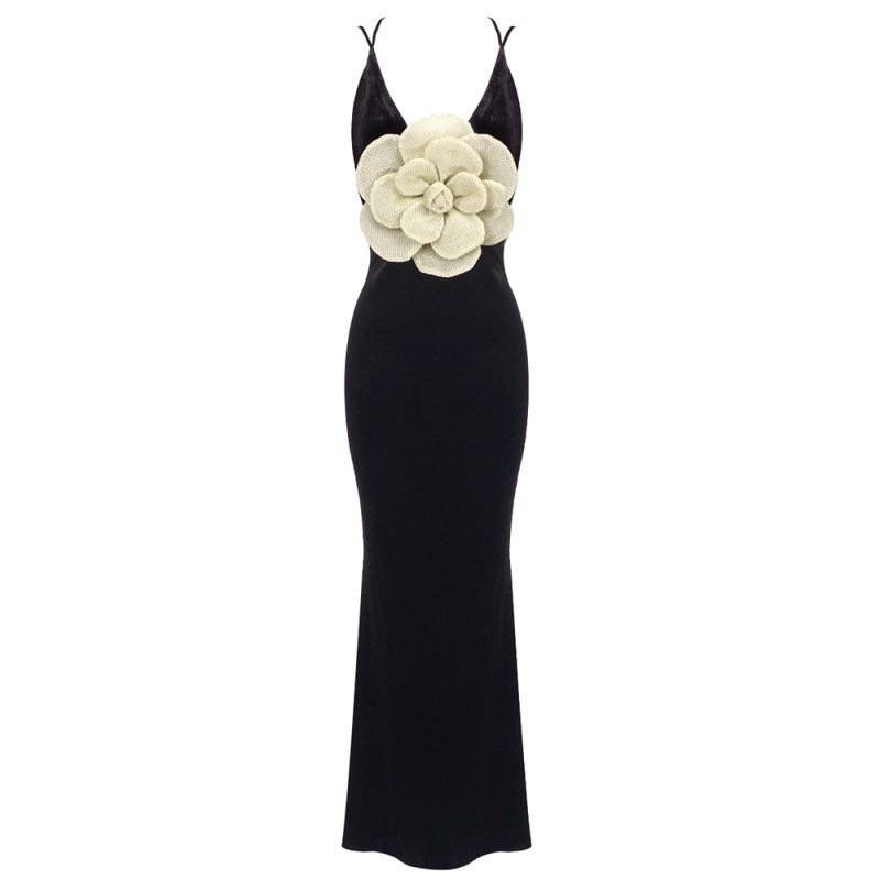 Black Backless Camisole Maxi Dress with Golden Floral - Image 4
