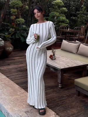 Striped Knitted Hollow Out Maxi Dress for Women