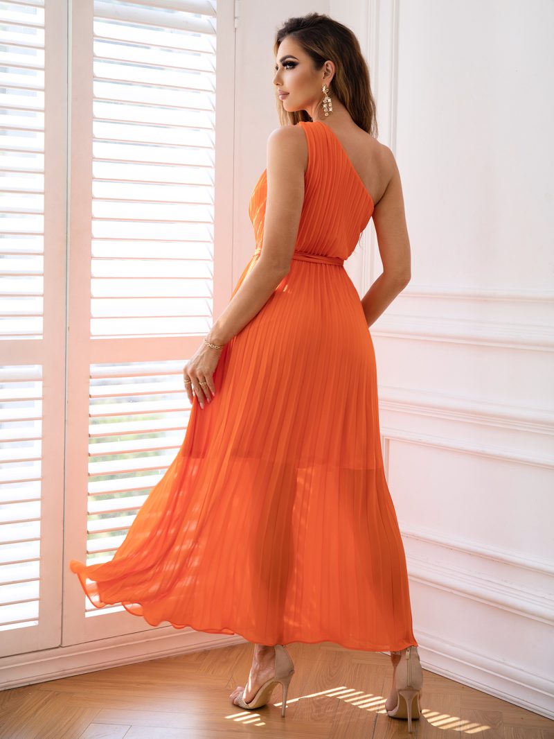 Elegant One Shoulder Chiffon Pleated Waist Dress - Image 3