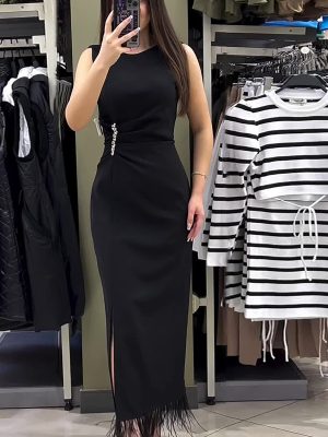 Women’s Spring Solid Sleeveless Slim Tassel Dress
